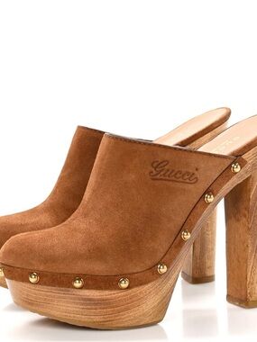 Gucci Brown Suede Wood Platform Heel Mules with Gold Studs